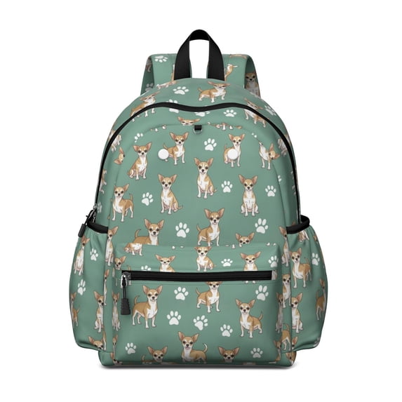 Chihuahua and Dog Paw Print Green Backpack for School, Cute School Bag with Adjustable Shoulder Straps and Padded Back, 13.4"x11"x4.7"