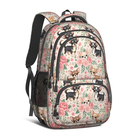 Chihuahua and Floral Beige Pattern Backpack for School, Cute School Bag with Adjustable Shoulder Straps and Padded Back, 16.9"x12.6"x5.9"
