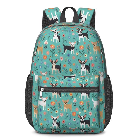 Chihuahua and Floral Blue Pattern 17" School Backpacks for Teens,Waterproof Oxford Fabric,S-Shape Padded Straps for School,Travel,Hiking,Camping