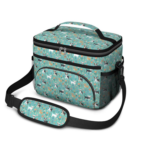 Chihuahua and Floral Blue Pattern Insulated Lunch Box for Women Men, Medium Leakproof Cooler Bag with Adjustable Strap, 10"x6.7"x8"