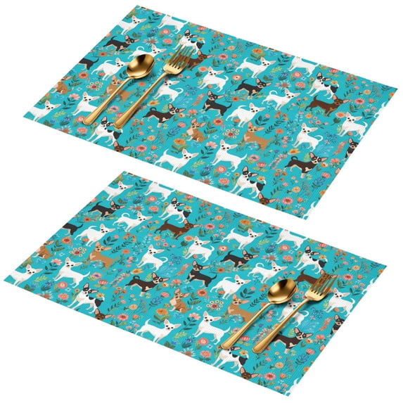 Chihuahua and Floral Blue Pattern PVC Woven Placemats Set Of 2, Bar ...