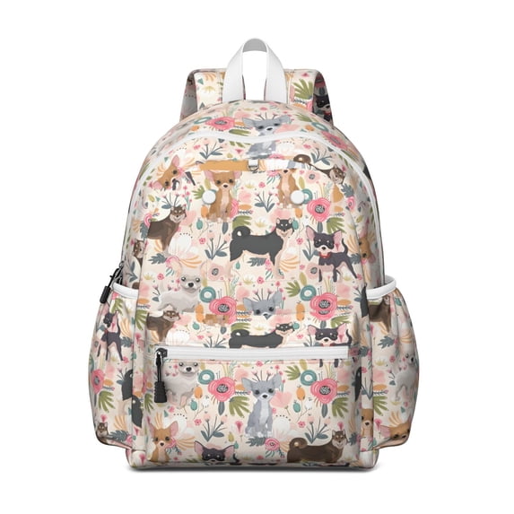 Chihuahua and Flower Backpack for School,Cute School Bag,Schoolbag with Adjustable Shoulder Straps & Padded Back,13.4"x11"x4.7"