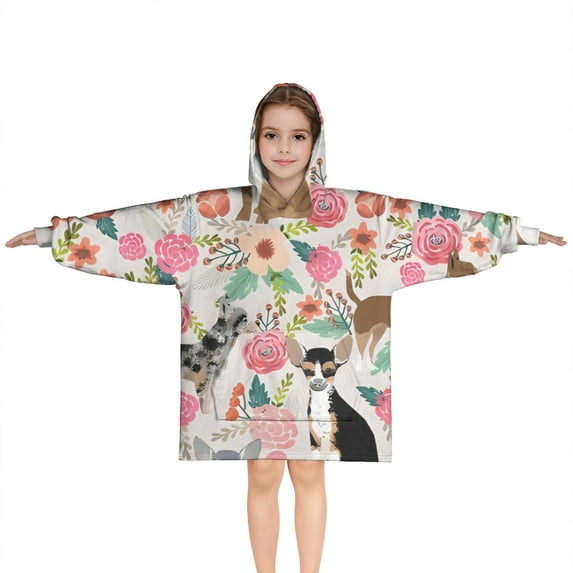 Chihuahua and Flower Florals Blanket Hoodies for Kids 6-13YR Oversize Wearable Blanket Hoodies for Boys Girls Teens