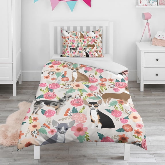 Chihuahua and Flower Florals Duvet Cover and Pillowcase Set for Single Bedding, Bedroom Accessories for Kids Teens
