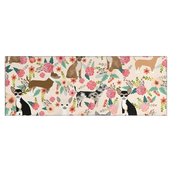 Chihuahua and Flower Florals Kitchen Rug Mat,Kitchen Runner Rugs Non Skid Washable,Decorative Kitchen Floor Mats for Kitchen,Sink,Laundry,17"X47"