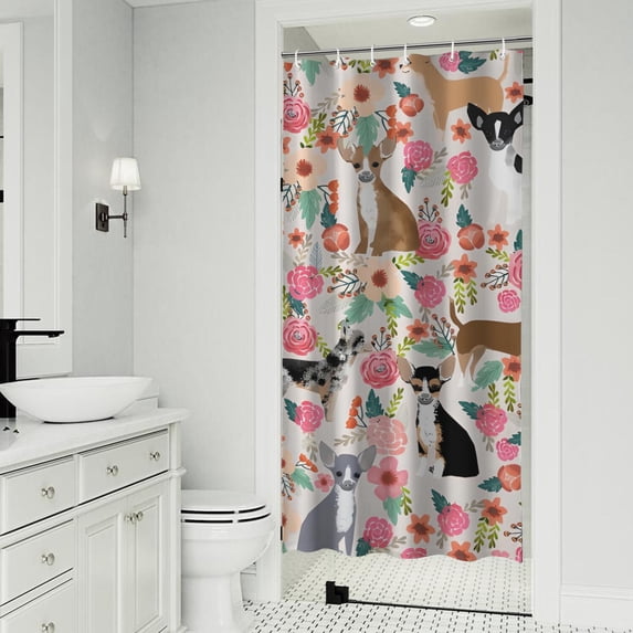 Chihuahua and Flower Florals Shower Curtain 36"x72" ,Bathroom Decorative Shower Curtains Set with 12 Hooks,Modern Waterproof Washable Shower Curtain