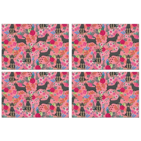 Chihuahua and Flower Florals Summer Placemats Table Placemats Set Of 4-Linen Kitchen Washable Placemats Table Mats 11.8"x17.7"Non-Slip Heat Resistant