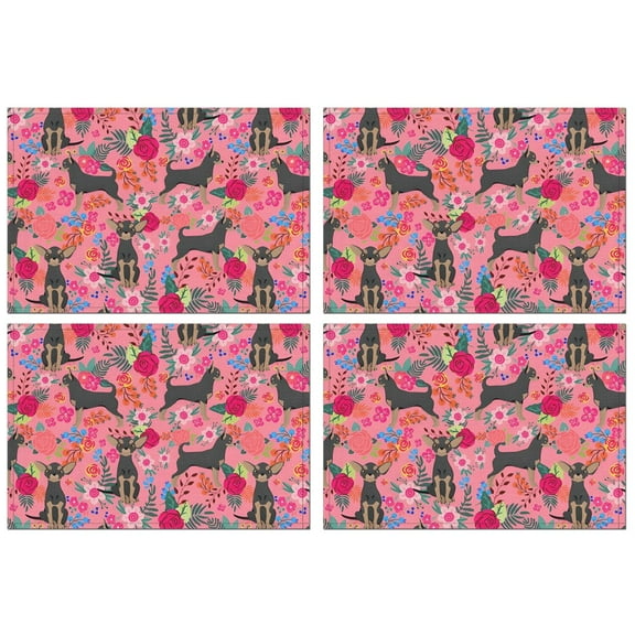 Chihuahua and Flower Florals Summer Placemats Table Placemats Set Of 4-Linen Kitchen Washable Placemats Table Mats 11.8"x17.7"Non-Slip Heat Resistant