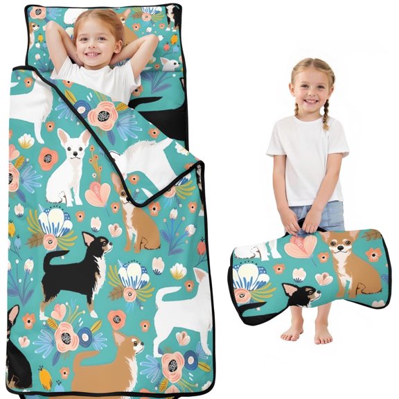 Chihuahua and Flower Florals Toddler Nap Mats for Kids Preschool,Sleeping Mat Bag or Kids,Toddler Sleeping Bag,Toddler Nap Mat or Daycare