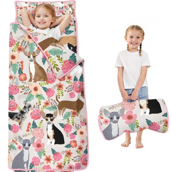 Chihuahua and Flower Florals Toddler Nap Mats for Kids Preschool,Sleeping Mat Bag or Kids,Toddler Sleeping Bag,Toddler Nap Mat or Daycare