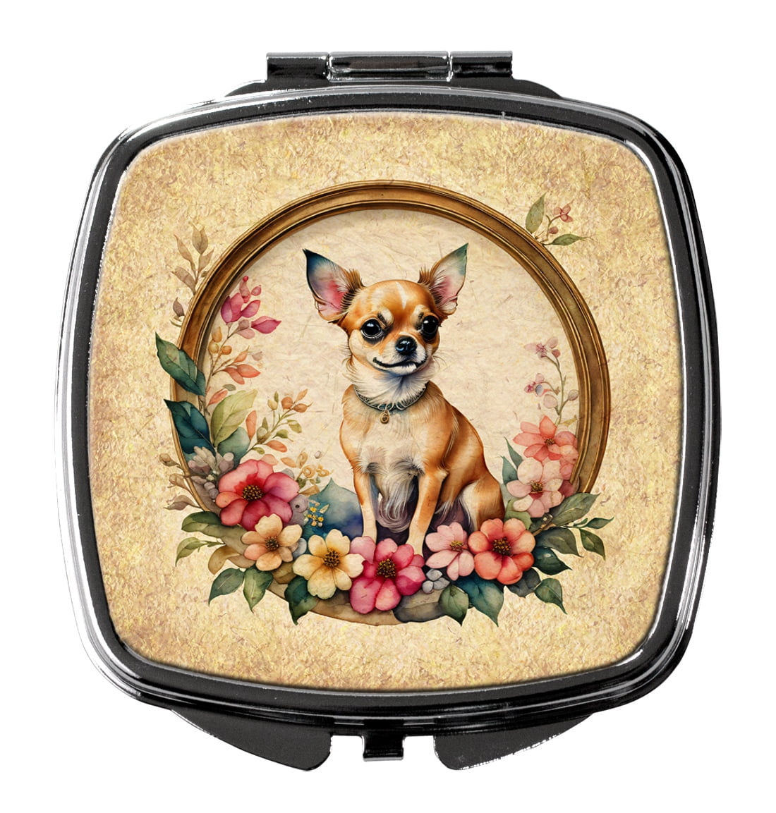 Chihuahua and Flowers Compact Mirror 2.75 in x 3 in