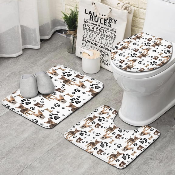 Chihuahua and Footprints Bathroom Rugs Sets 3 Piece,Toilet Cover Set,Absorbent Non Slip Bathroom Mats Sets with U-Shaped Contour Rug Toilet Rug Set