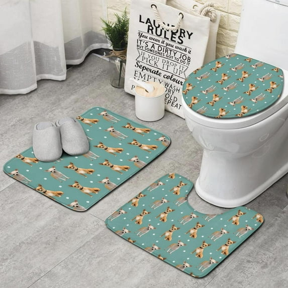 Chihuahua and Footprints Bathroom Rugs Sets 3 Piece,Toilet Cover Set,Absorbent Non Slip Bathroom Mats Sets with U-Shaped Contour Rug Toilet Rug Set