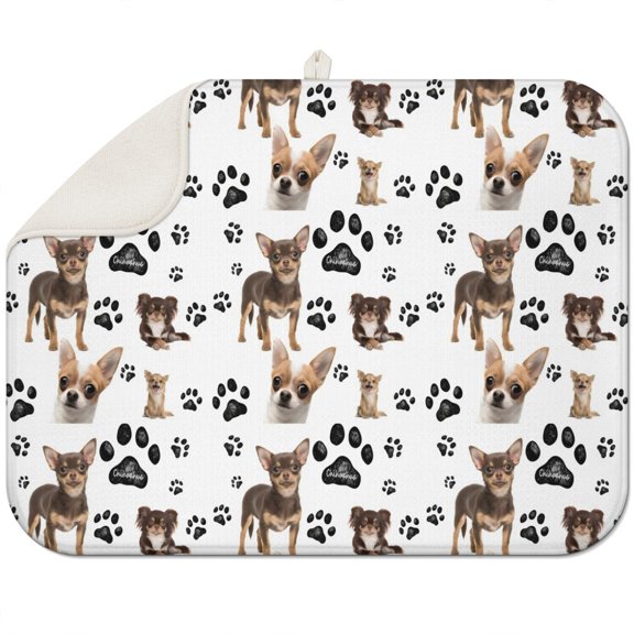 Chihuahua and Footprints Dish Drying Mat for Kitchen 1 Pack, Ultra Absorbent Microfiber Dishes Drainer Mats,18"x24"