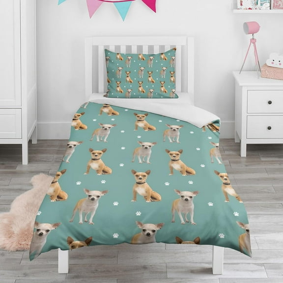 Chihuahua and Footprints Duvet Cover and Pillowcase Set for Single Bedding, Bedroom Accessories for Kids Teens