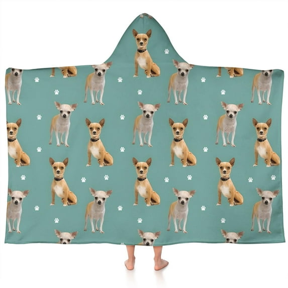 Chihuahua and Footprints Hooded Bath Towel,60"x35" for Ages 3 To 12 Kids, Quick Dry Lightweight Soft Microfiber Hood Beach Towel Cover Up for Kids