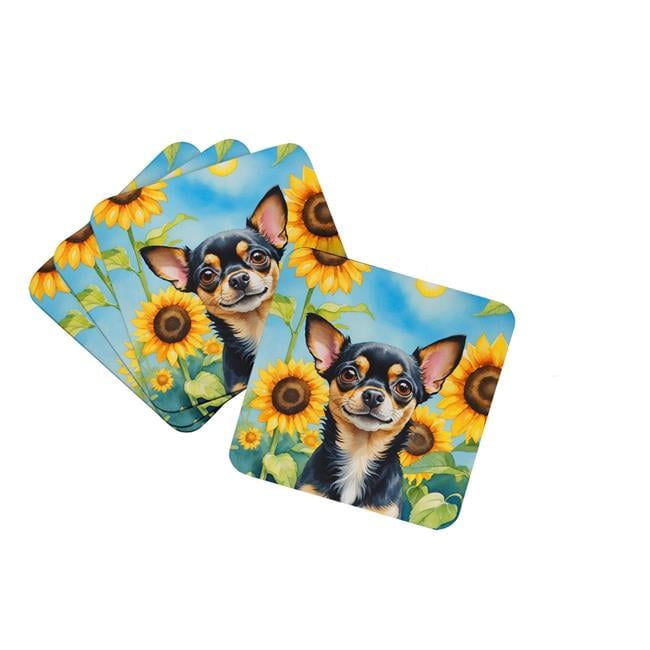Chihuahua in Sunflowers Foam Coasters 3.5 in x 3.5 in