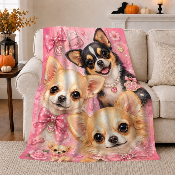 Chihuahuas with Bow and Sparkles, Playful Whimsical Style for Chihuahua Lovers, Cozy Pink Pet Portrait Scene, Flannel Blanket for Bedroom and Living Room, Birthday Gift and Cute Home Decor