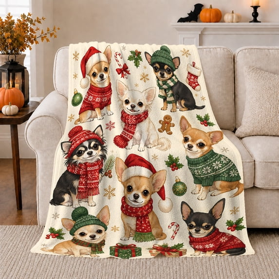 Chihuahuas Festive Christmas Collage, Festive Pet Portrait Pattern, Warm Flannel Blanket for Living Room and Bedroom, Dog Lovers Christmas Gift, Pet Lover Home Decor