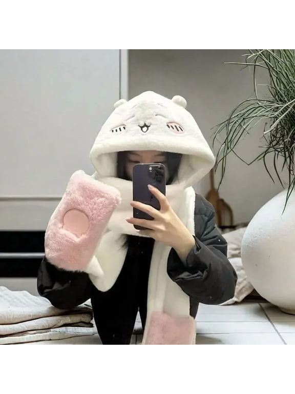 Chiikawa Anime Kawaii Soft Warm Scarf Winter Cute Cartoon Gloves Scarf Fleece Thickened Hat Lovely Gifts