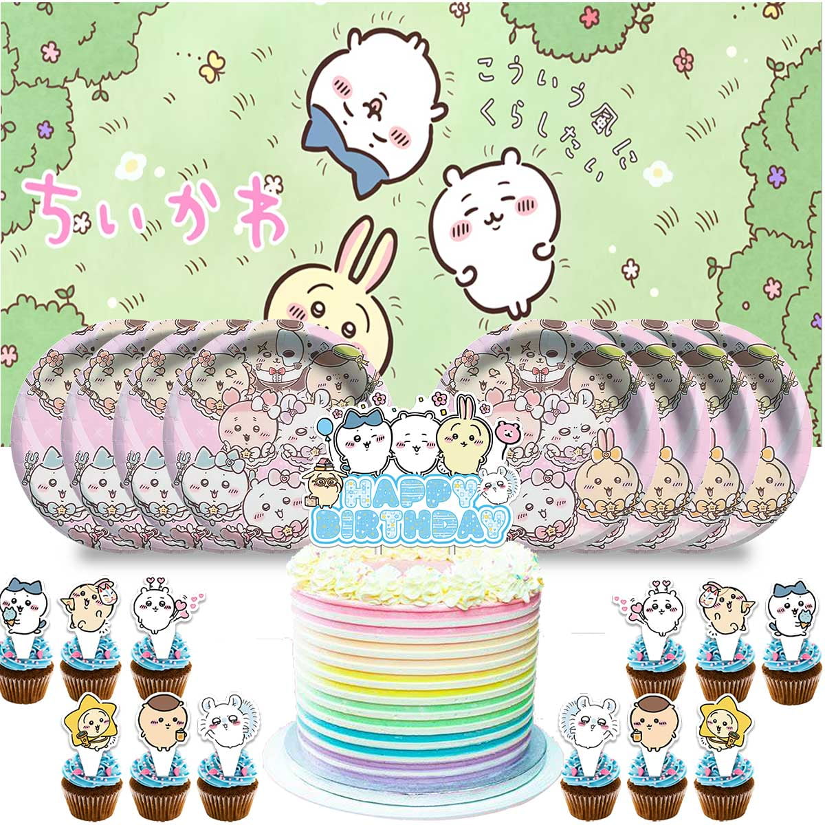 Kit Décoration Anniversaire Chiikawa - Assiettes, Verres, Nappes, Serviettes - Partyset