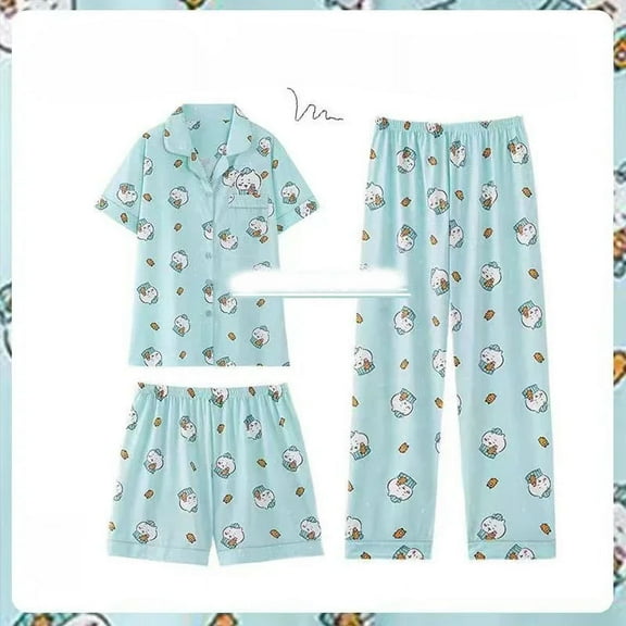 Chiikawa Cartoon Cute Hachiware USAGI  Pajamas Women's Summer New Short-sleeved Cardigan Home Wear Three-piece Set