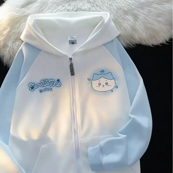 Chiikawa Cartoon Cute Usagi Hachiware Rabbit Ears Hooded Sweatshirt Spring and Autumn Style New Loose Top Coat Girl