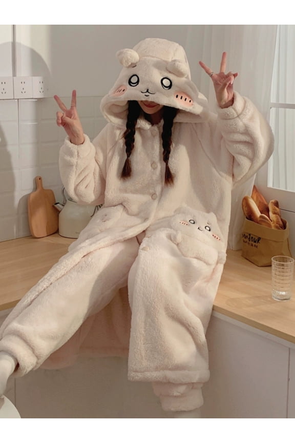 Chiikawa Coral Velvet Pajama Women'S Autumn And Winter New Cute Hooded Plush Pajama Sleeping Pants Home Sets