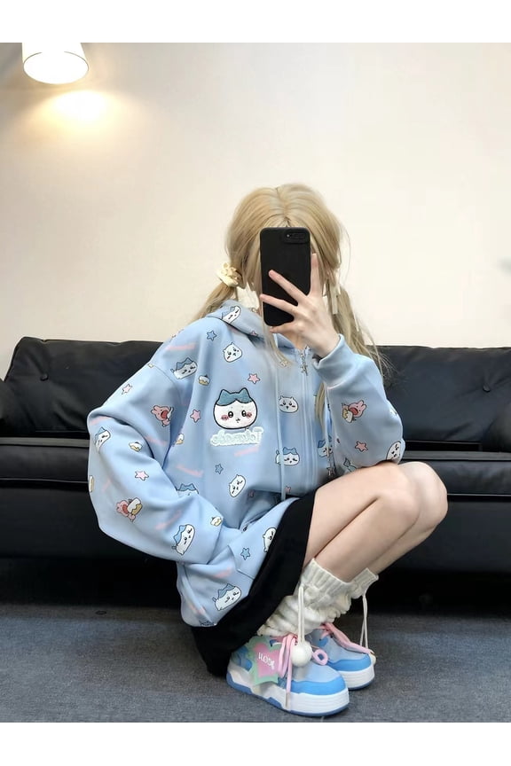 Chiikawa Cute Hachiware Cartoon Full Printed Hooded Sweatshirt Cardigan Women's Sweet Spring and Autumn Zipper Jacket