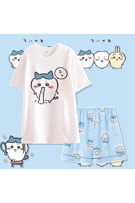 Chiikawa Hachiware Summer Pajamas Round Neck Loose Shirt and Pants Cute Household Clothes