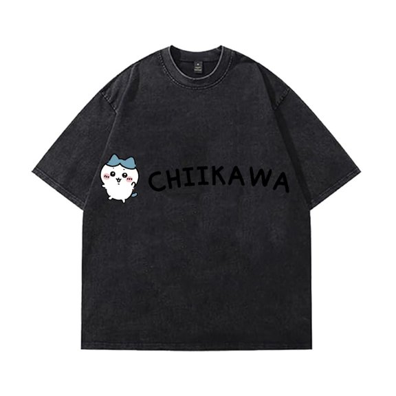 Chiikawa Merch T-shirt, Retro Washed And Distressed Short-sleeved Top, Unisex Cute Printed Pullover T-shirt