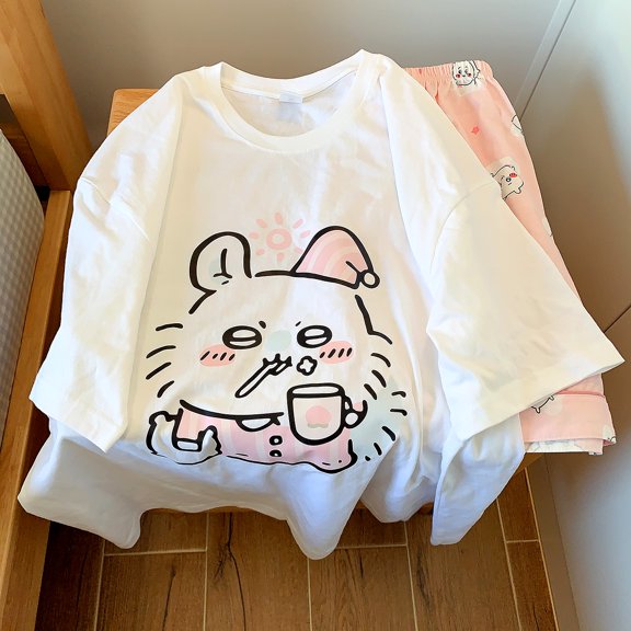 Chiikawa Pajamas Summer Pure Cotton Round Neck Short Sleeve Pants Loose Suit Cartoon Cute Home Clothes Gift
