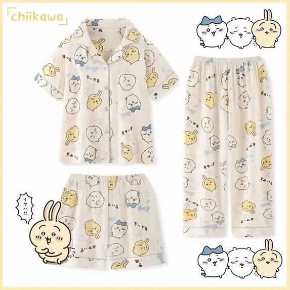 Chiikawa Three-piece Pajamas New Short-sleeved Cardigan Cute Cartoon USAGI Home Clothes Set Can Be Worn Outside