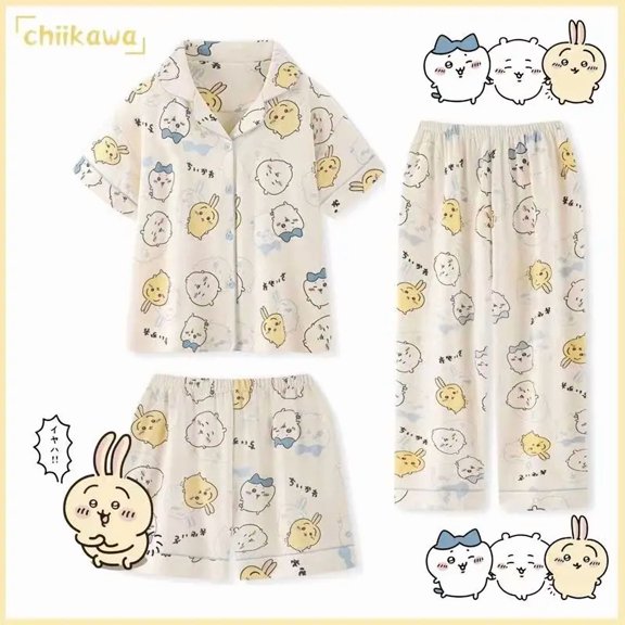 Chiikawa Three-piece Pajamas New Short-sleeved Cardigan Cute Cartoon USAGI Home Clothes Set Can Be Worn Outside