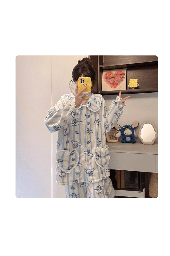 Chiikawa Women's Pajamas Hello Kitty Warm Sleepwear Student Tops&Pants Winter Xmas Gift