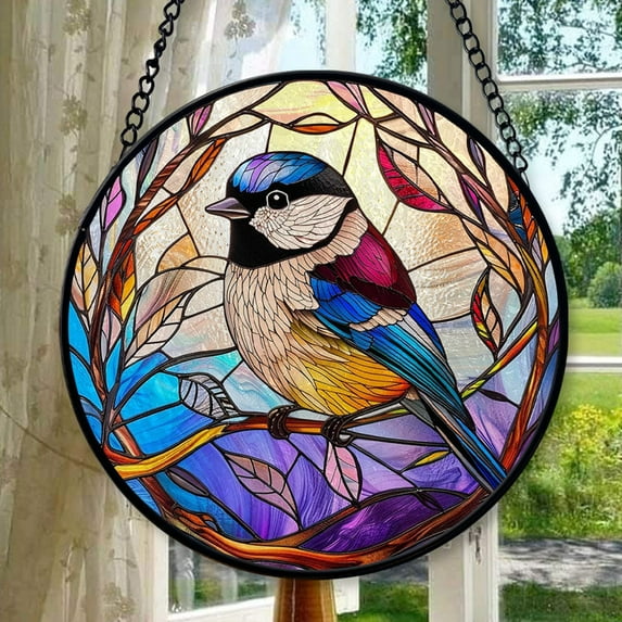 Chikadee Bird Stained Glass Cat Sun Catcher, Wall Hanging Colored Decor Room Indoor Window Decor, Halloween, Christmas Hanging Ornament, Stained Glass Ornament 2025, Holiday
