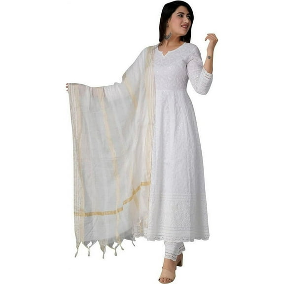 Chikankari Cotton Anarkali Small Size White Kurti Pant & Dupatta (3XL)