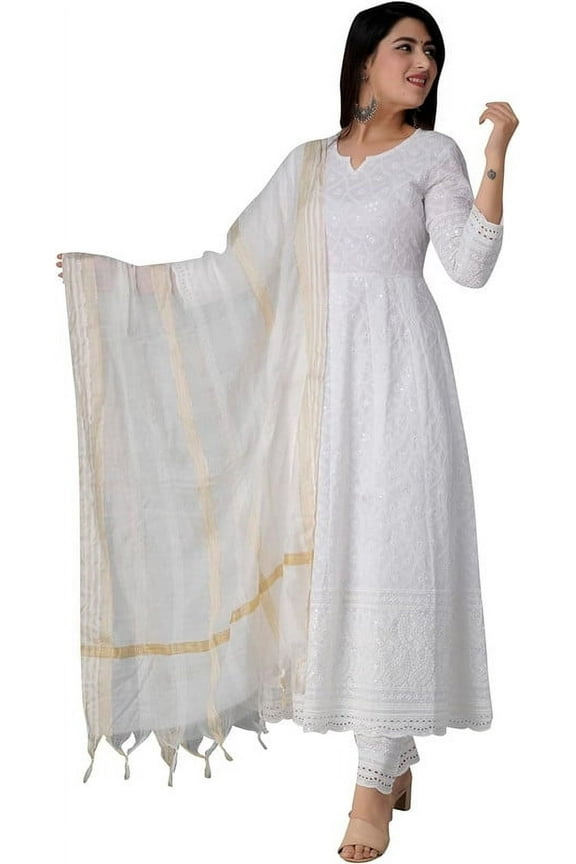 Chikankari Cotton Anarkali XX-Large Size White Kurti Pant & Dupatta