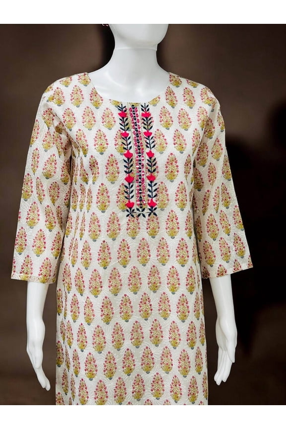 Chikankari Cotton Kurti With Block Print