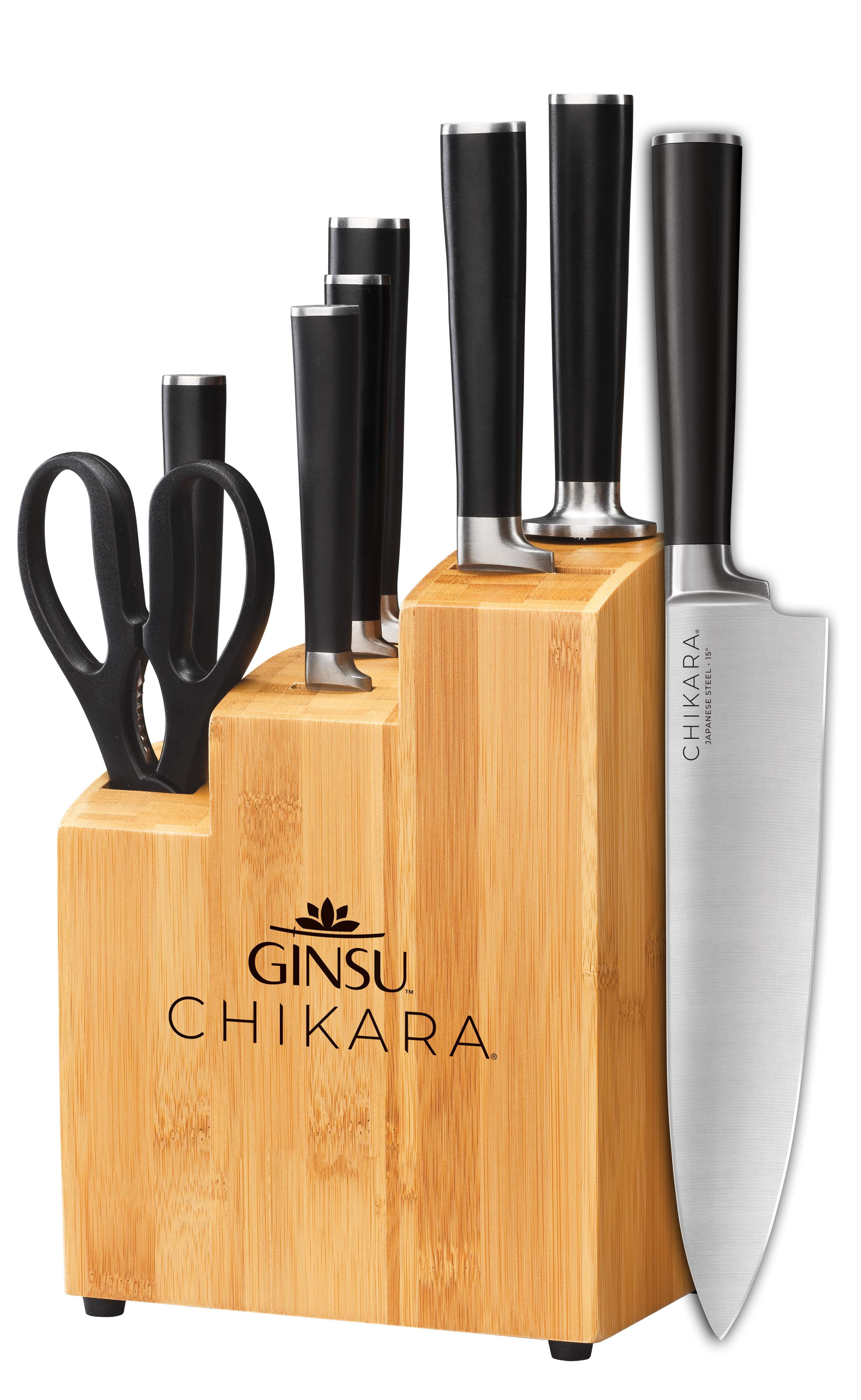 GINSU Bamboo Chikara 8pc Bamboo Block Set: Stainless Steel Knife Set, Comfort-Grip Handle, Rust-Resistant, Hand Wash