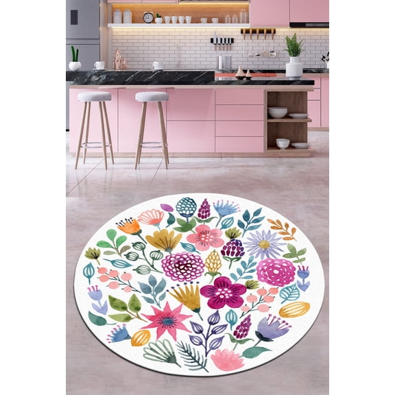 Antibacterial Round Carpet, 6.6 ft Diameter, 100% Polyester, 0.4 in Pile Height | Non-Slip Underside, Machine Washable, 700 g/m | Ideal for Living Room, Bedroom, and Play Areas, Easy Maintenance