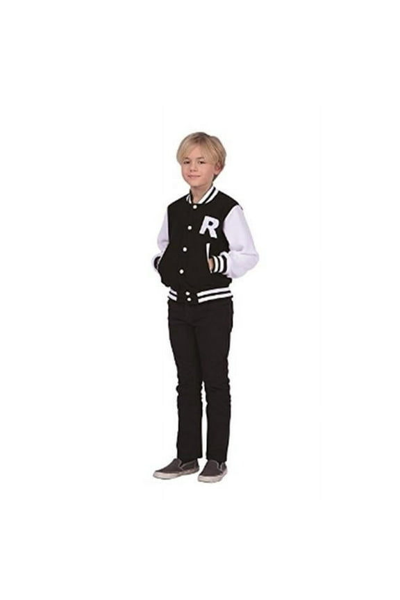 Child 50s Letterman Jacket with Sleeves, Black with White - Medium 8-10