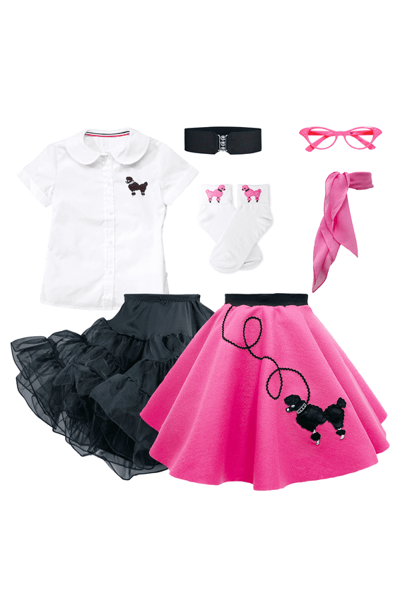 Girls 1950s Poodle Skirt Costume 7 Piece Child Outfit Set (Large Child 10 Hot Pink)