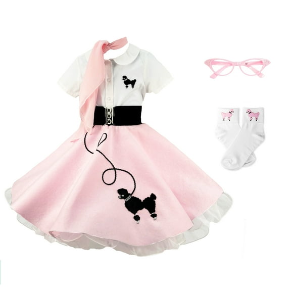 Hip Hop 50's Shop Girls 1950s Poodle Skirt Costume 7 Piece Child Outfit Set (Large Child 10 Light Pink)