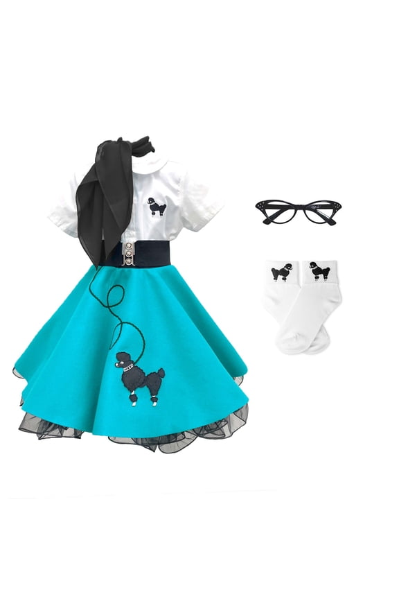 Girls 1950s Poodle Skirt Costume 7 Piece Child Outfit Set (Large Child 12 Teal)