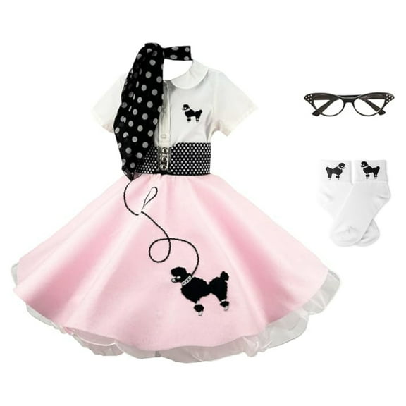 Hip Hop 50's Shop Girls 1950s Poodle Skirt Costume 7 Piece Child Outfit Set (Small Child 4 Light Pink Polka Dot)