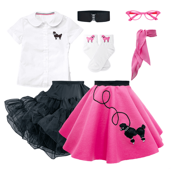 Hip Hop 50's Shop Girls 1950s Poodle Skirt Costume 7 Piece Child Outfit Set (Small Child 6 Hot Pink)