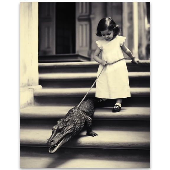 Child & Alligator Vintage Surreal Photography PosterWhimsical Black & White Print, Bizarre Antique Style Wall Art, Strange Carnival Photo, Retro Surrealist Decor,Eccentric Oddities
