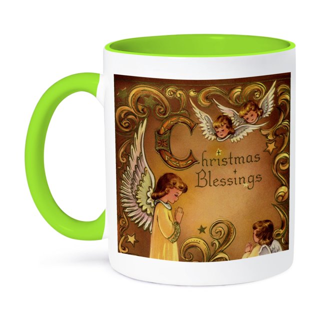 3dRose, Child Angels and Christmas Blessings, 11oz Two-Tone Green Mug