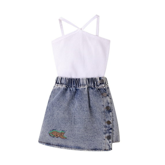 Child Baby Girls Summer Set Sleeveless Ribbed Vest Tops Cartoon Print Denim Skirt Outfits Set Twins Girls Clothes